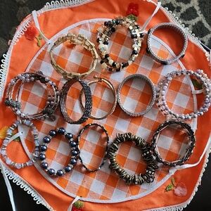 14 Diffetent Stylish Beaded and Metal Bracelets Set Costume